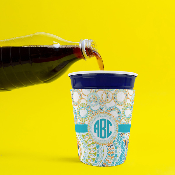 Teal Circles & Stripes Party Cup Sleeves - without bottom - Lifestyle