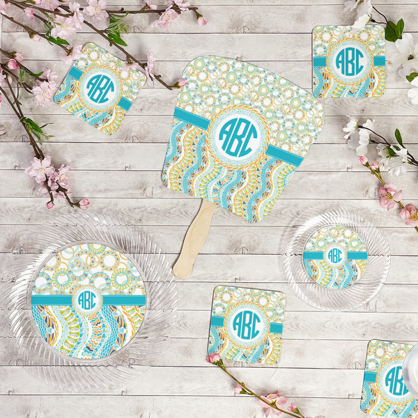 Teal Circles & Stripes Party Supplies Combination Image - All items - Plates, Coasters, Fans