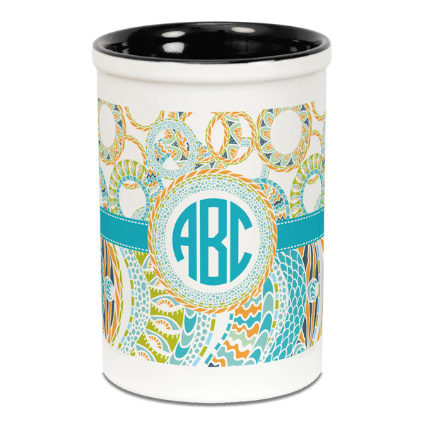 Teal Circles & Stripes Pencil Holder - Black