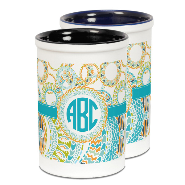 Custom Teal Circles & Stripes Ceramic Pencil Holder - Large