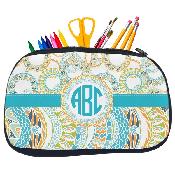 Custom Teal Circles & Stripes Neoprene Pencil Case - Medium w/ Monogram
