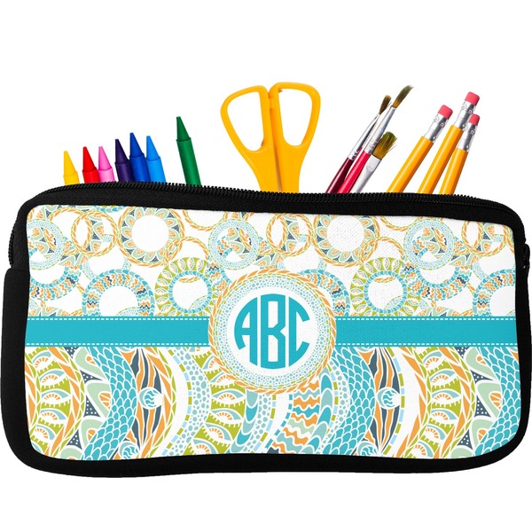 Custom Teal Circles & Stripes Neoprene Pencil Case (Personalized)