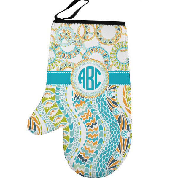 Custom Teal Circles & Stripes Left Oven Mitt (Personalized)