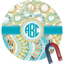 Teal Circles & Stripes Round Fridge Magnet (Personalized)