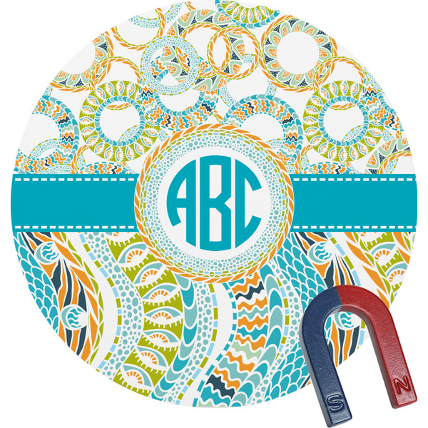 Custom Teal Circles & Stripes Round Fridge Magnet (Personalized)