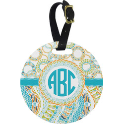 Teal Circles & Stripes Plastic Luggage Tag - Round (Personalized)