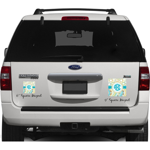 Teal Circles & Stripes Personalized Square Car Magnets on Ford Explorer