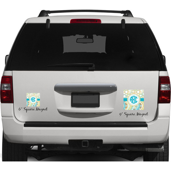Teal Circles & Stripes Personalized Square Car Magnets on Ford Explorer
