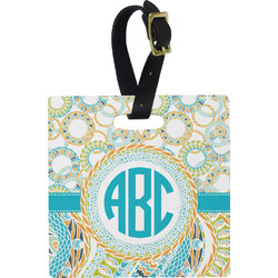 Teal Circles & Stripes Plastic Luggage Tag - Square w/ Monogram