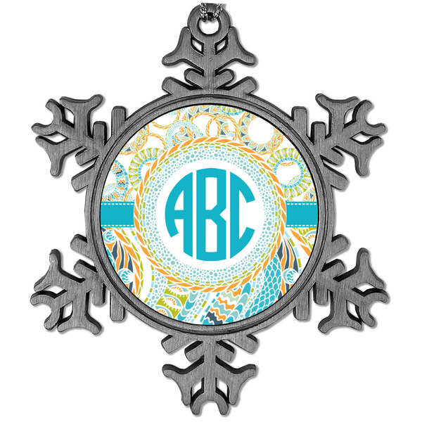Custom Teal Circles & Stripes Vintage Snowflake Ornament (Personalized)