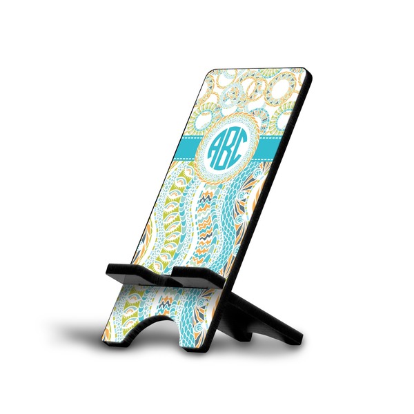 Custom Teal Circles & Stripes Cell Phone Stand (Large) (Personalized)
