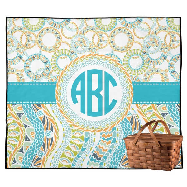 Custom Teal Circles & Stripes Outdoor Picnic Blanket (Personalized)