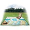 Teal Circles & Stripes Picnic Blanket - with Basket Hat and Book - in Use