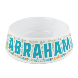 Teal Circles & Stripes Plastic Dog Bowl - Small (Personalized)