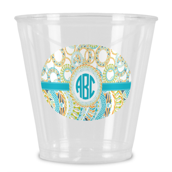 Custom Teal Circles & Stripes Plastic Shot Glass (Personalized)