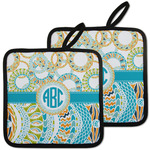 Teal Circles & Stripes Pot Holders - Set of 2 w/ Monogram