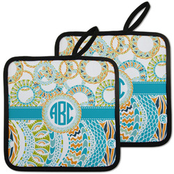 Teal Circles & Stripes Pot Holders - Set of 2 w/ Monogram