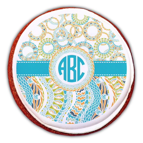 Teal Circles & Stripes Printed Icing Circle - Large - On Cookie