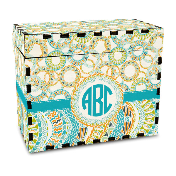 Custom Teal Circles & Stripes Wood Recipe Box - Full Color Print (Personalized)