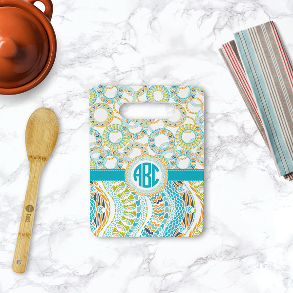 Teal Circles & Stripes Rectangle Trivet with Handle - LIFESTYLE