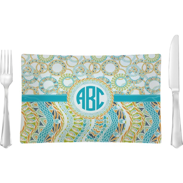 Custom Teal Circles & Stripes Glass Rectangular Lunch / Dinner Plate w/ Monogram