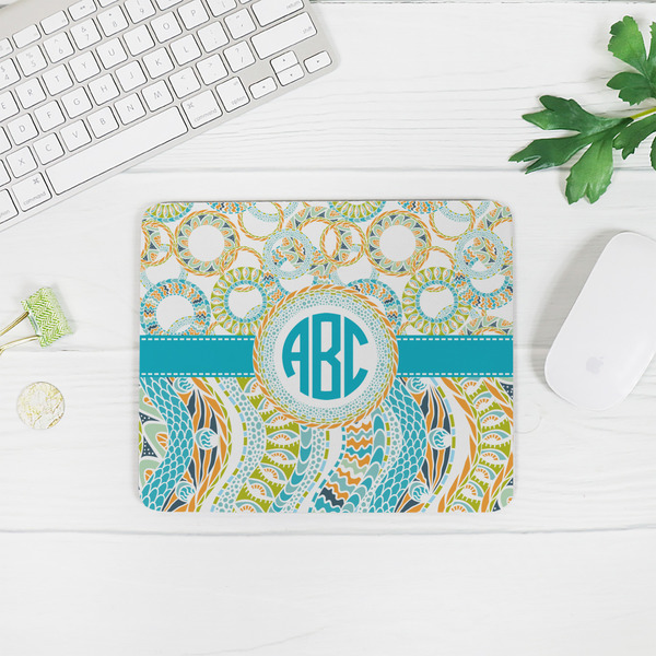 Teal Circles & Stripes Rectangular Mouse Pad - LIFESTYLE 2