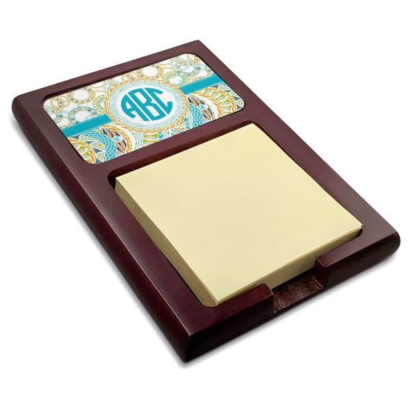 Custom Teal Circles & Stripes Red Mahogany Sticky Note Holder (Personalized)