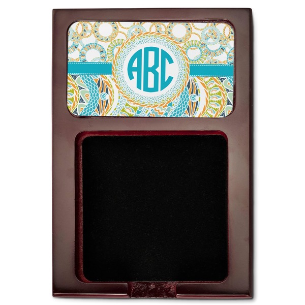 Teal Circles & Stripes Red Mahogany Sticky Note Holder - Flat