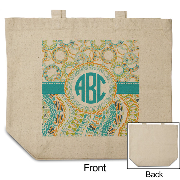Teal Circles & Stripes Reusable Cotton Grocery Bag - Front & Back View
