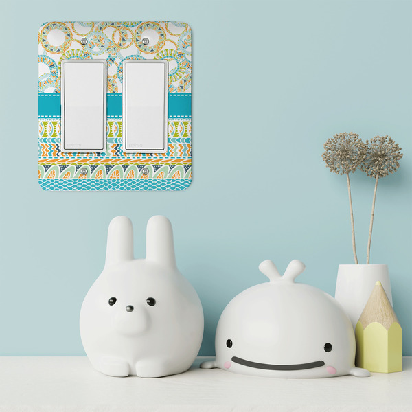 Teal Circles & Stripes Rocker Light Switch Covers - Double - IN CONTEXT