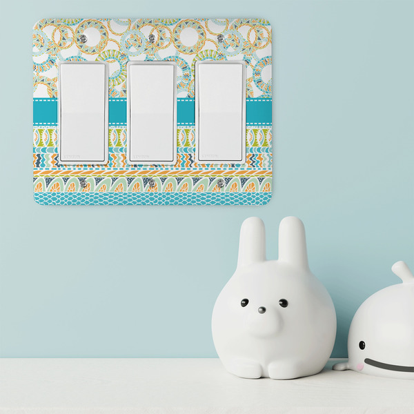 Teal Circles & Stripes Rocker Light Switch Covers - Triple - IN CONTEXT