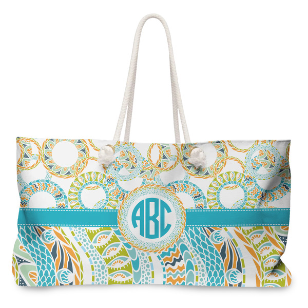 Custom Teal Circles & Stripes Large Tote Bag with Rope Handles (Personalized)