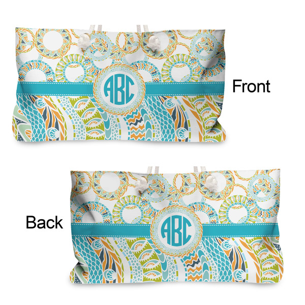 Teal Circles & Stripes Large Rope Tote - From & Back View