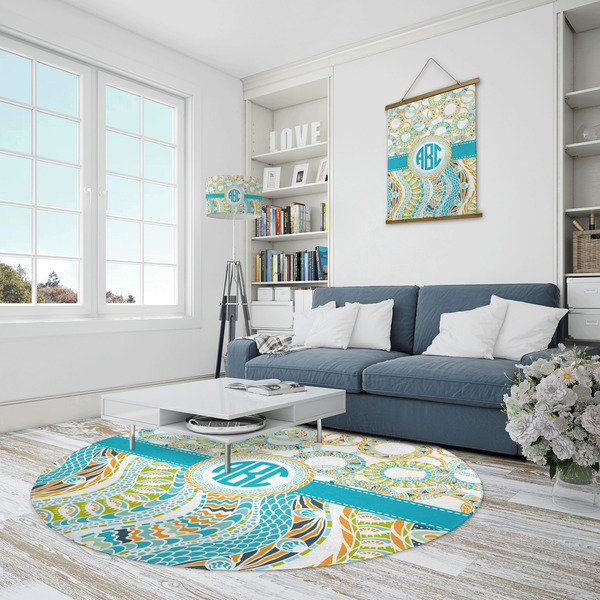 Teal Circles & Stripes Round Area Rug - IN CONTEXT
