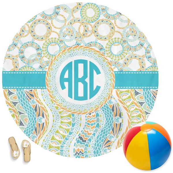Custom Teal Circles & Stripes Round Beach Towel (Personalized)