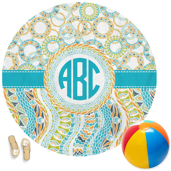 Custom Teal Circles & Stripes Round Beach Towel (Personalized)