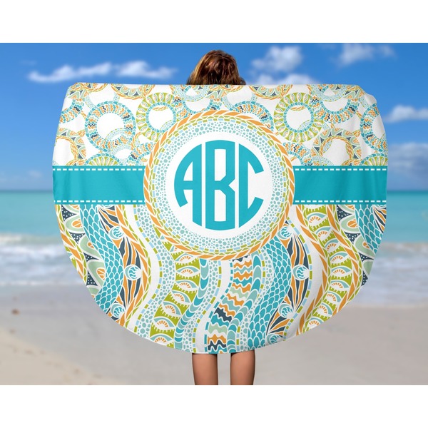 Teal Circles & Stripes Round Beach Towel - In Use