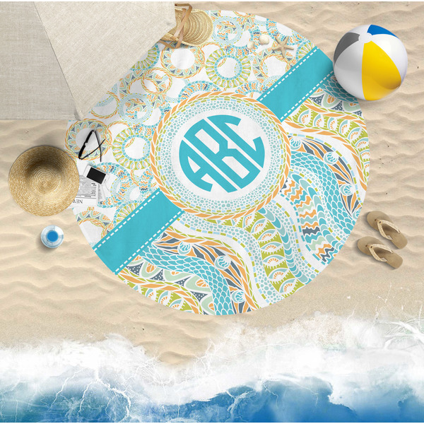 Teal Circles & Stripes Round Beach Towel Lifestyle