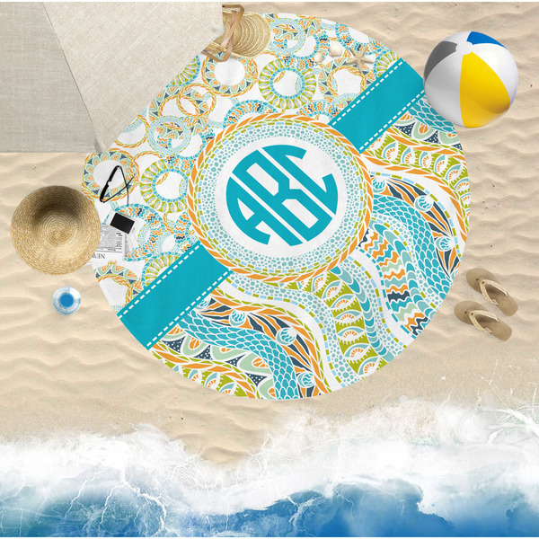 Teal Circles & Stripes Round Beach Towel Lifestyle