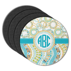 Teal Circles & Stripes Round Rubber Backed Coasters - Set of 4 (Personalized)