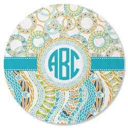 Teal Circles & Stripes Round Rubber Backed Coaster (Personalized)
