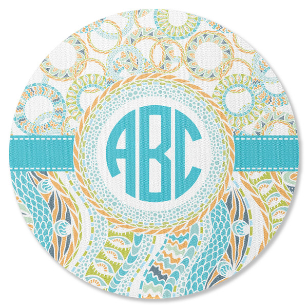 Custom Teal Circles & Stripes Round Rubber Backed Coaster (Personalized)