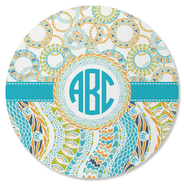 Teal Circles & Stripes Round Coaster Rubber Back - Single