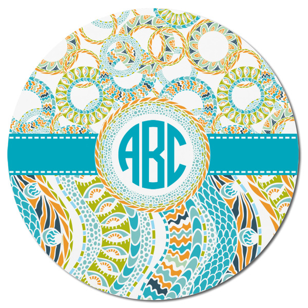 Teal Circles & Stripes Round Fridge Magnet - FRONT