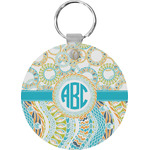 Teal Circles & Stripes Round Plastic Keychain (Personalized)