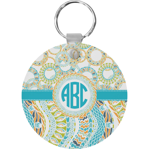 Custom Teal Circles & Stripes Round Plastic Keychain (Personalized)