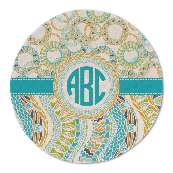 Teal Circles & Stripes Round Linen Placemats - FRONT (Double Sided)