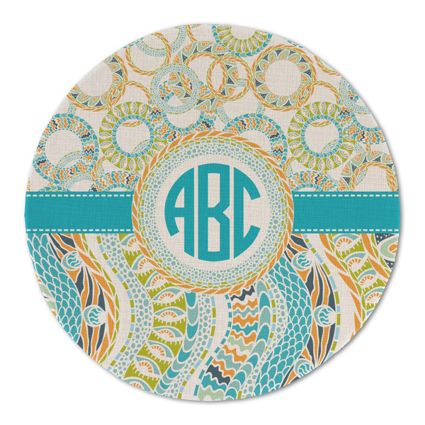 Custom Teal Circles & Stripes Round Linen Placemat - Single Sided (Personalized)
