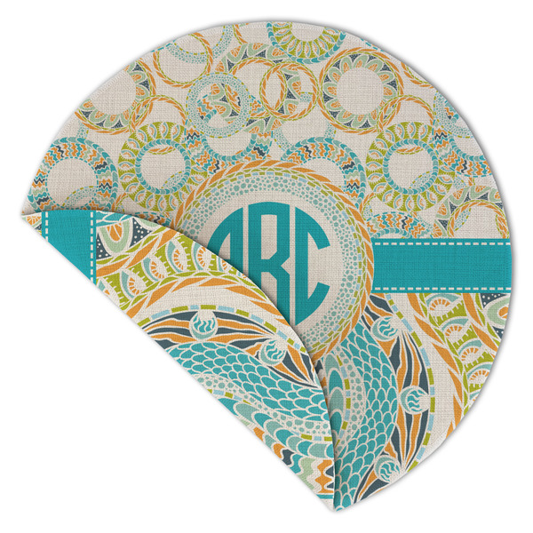 Teal Circles & Stripes Round Linen Placemats - Front (folded corner double sided)