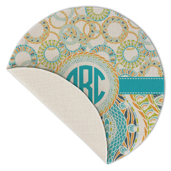Teal Circles & Stripes Round Linen Placemats - Front (folded corner single sided)